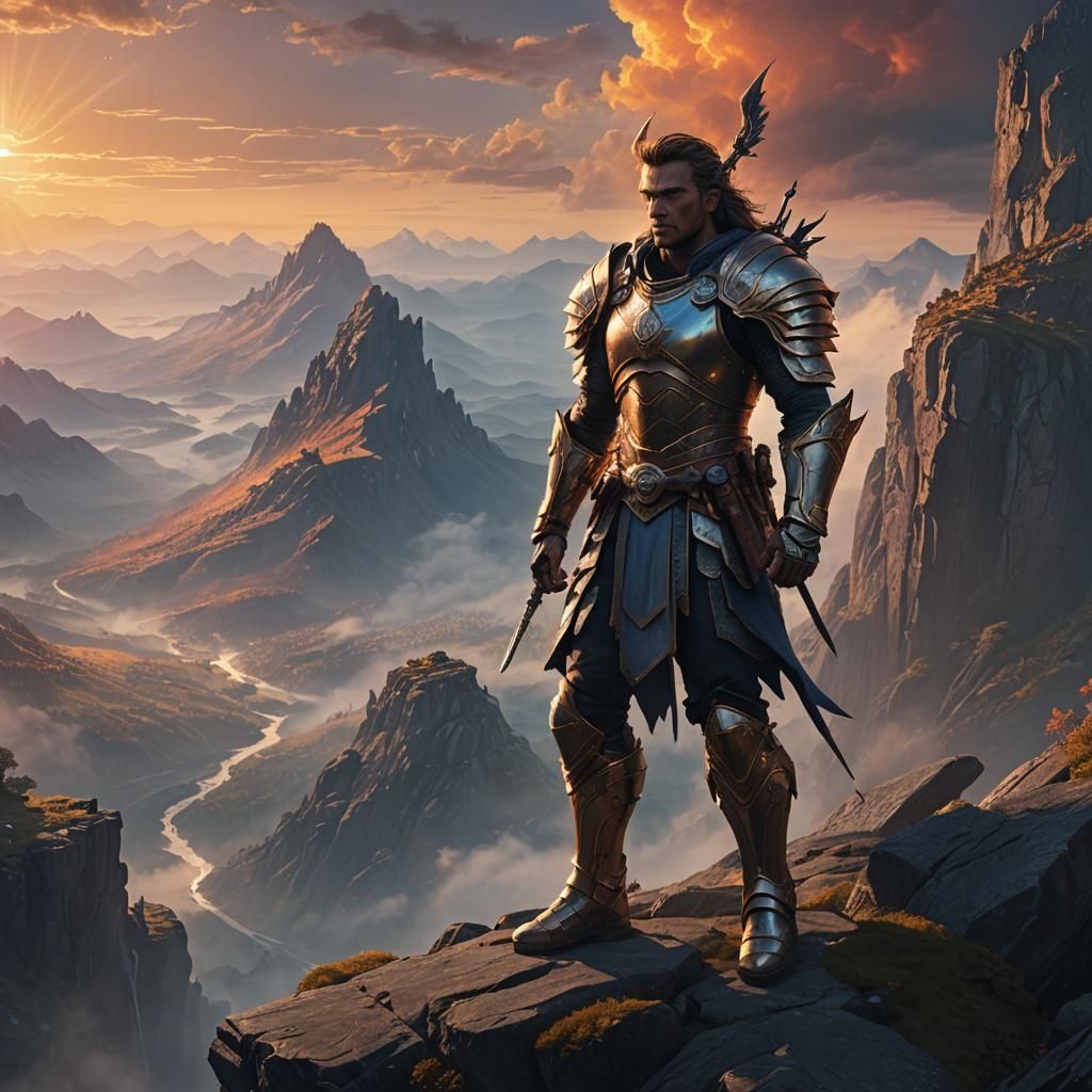 Mystical Warrior on Mountain Cliff in Fantasy Landscape