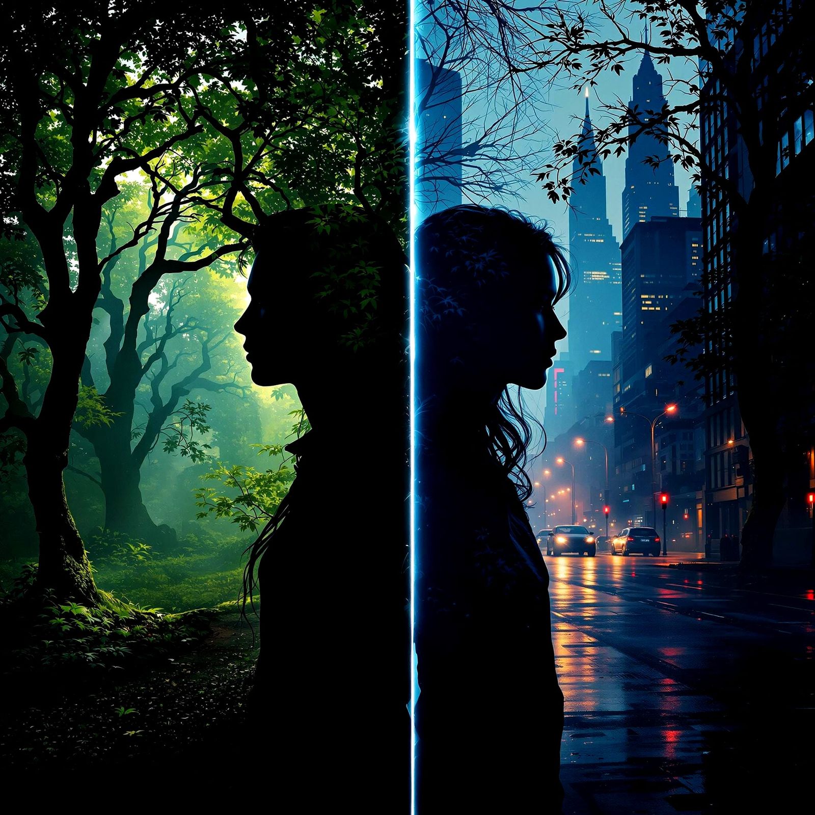 Dark Fantasy Couple Amidst Lush Forest and City