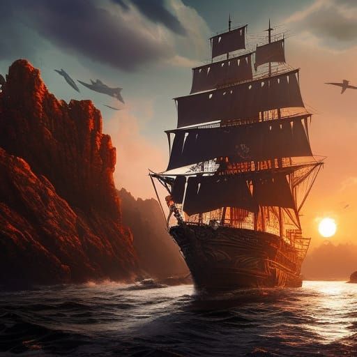 Pirate Ship at Sunset: Gothic Fantasy Illustration