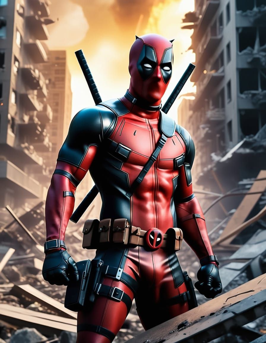 Deadpool in Ruins, Winking at the Viewer in a Marvel-Inspire...