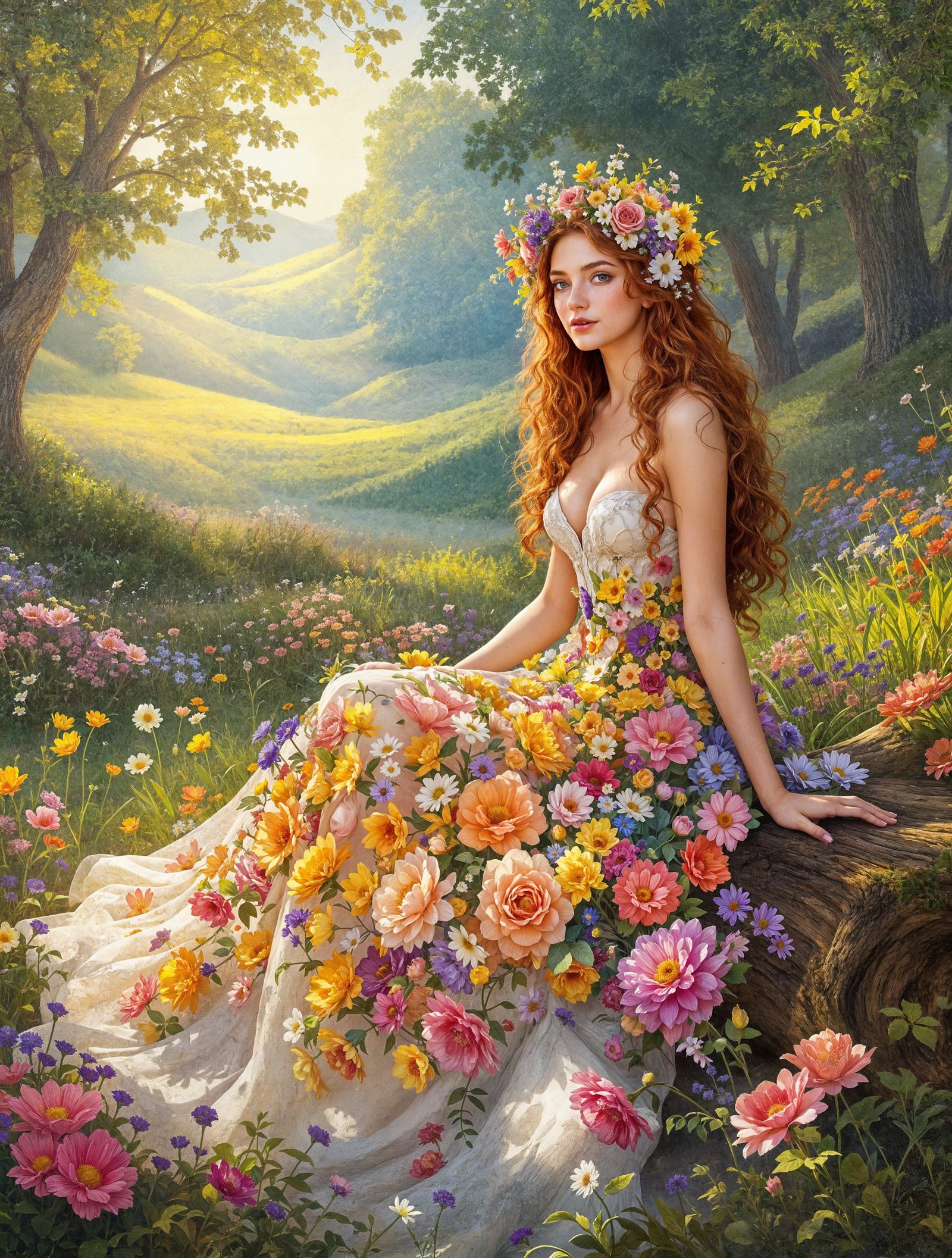 Romantic Era Woman in Flower Crowned Gown