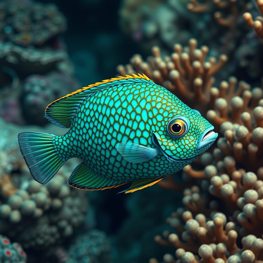 Boxfish Swimming Near Coral Reef in Realistic Style