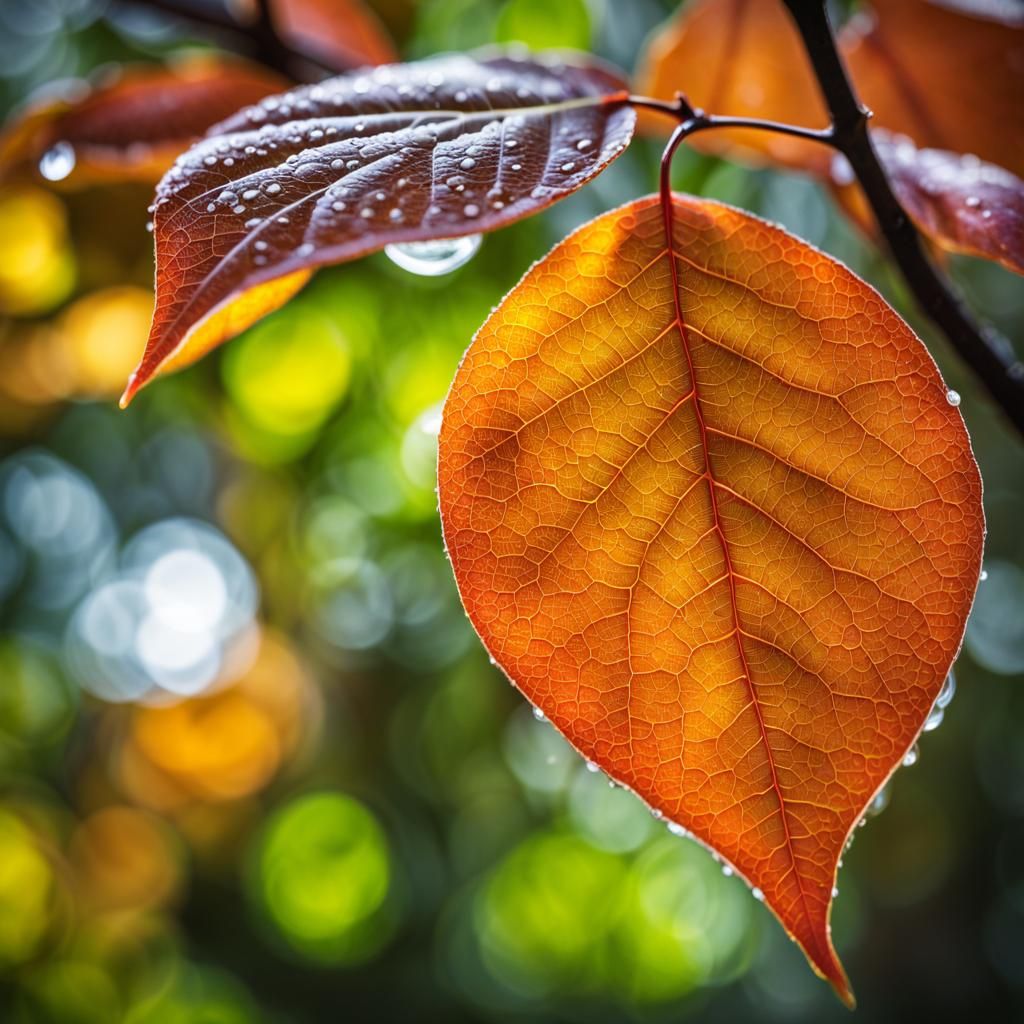Translucent Leaves with Dew Drops: Hyperrealistic Detail