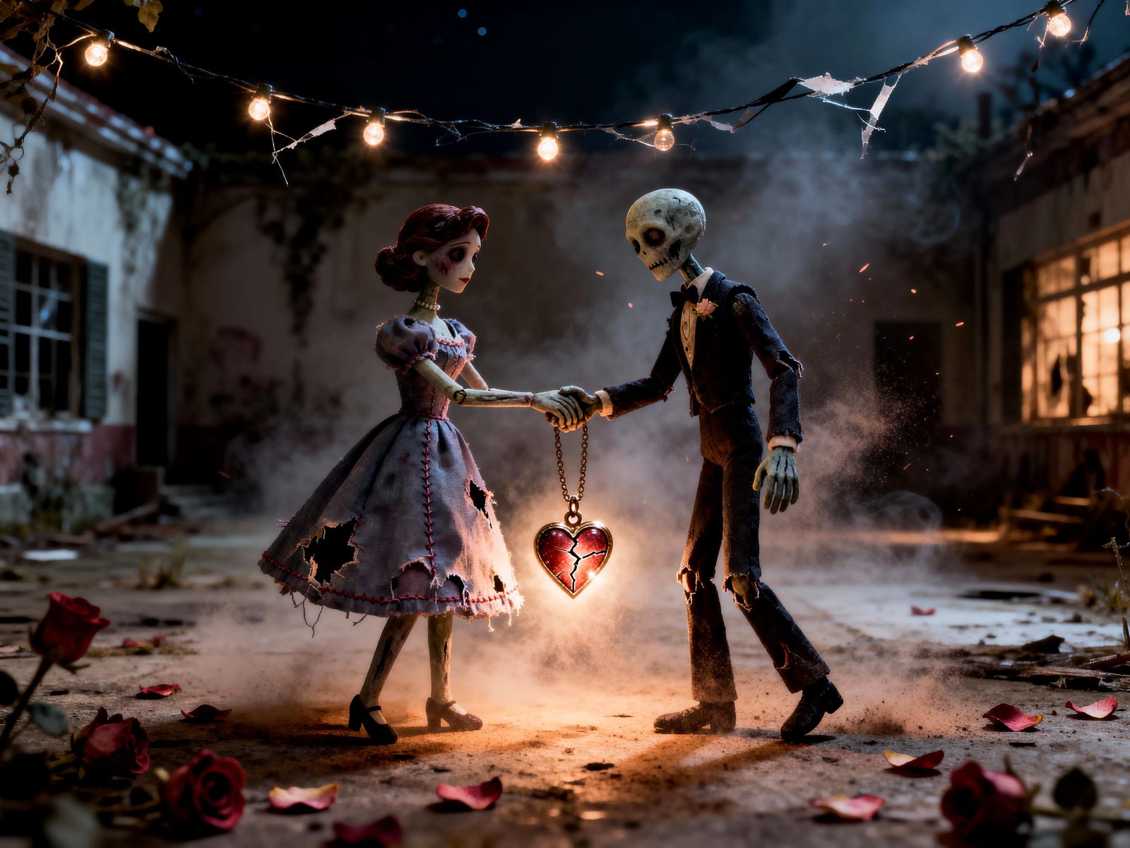 Undead Prom Couple's First Dance in Misty Courtyard