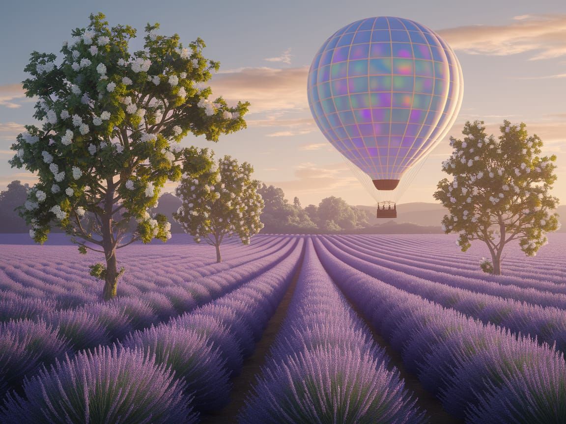 Iridescent Balloon Over Lavender Field, Romantic Style