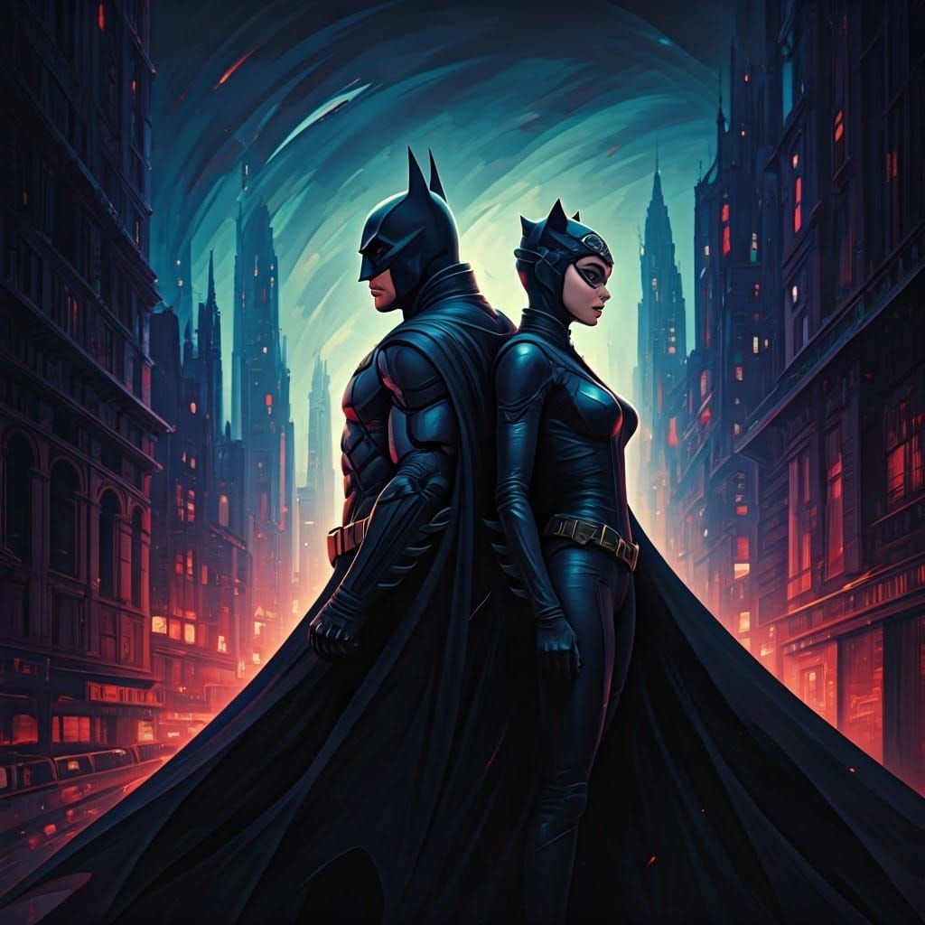 Dark Gotham Cityscape in Parallax Style with Bold Brushstrok...