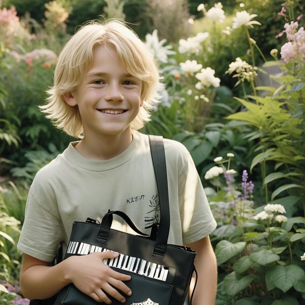 Boy with Music Bag in Garden, Cinematic Still