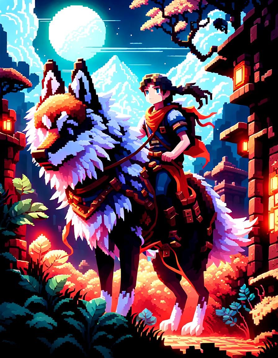 Adventurer on Mystical Dog in Pixel Art Ruins