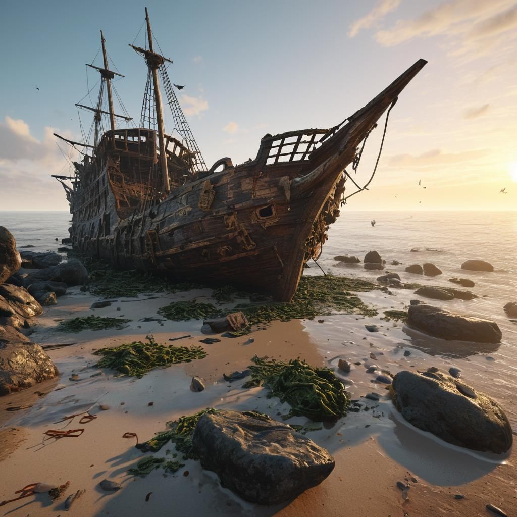 Battered Pirate Ship Wrecked on Rocky Beach