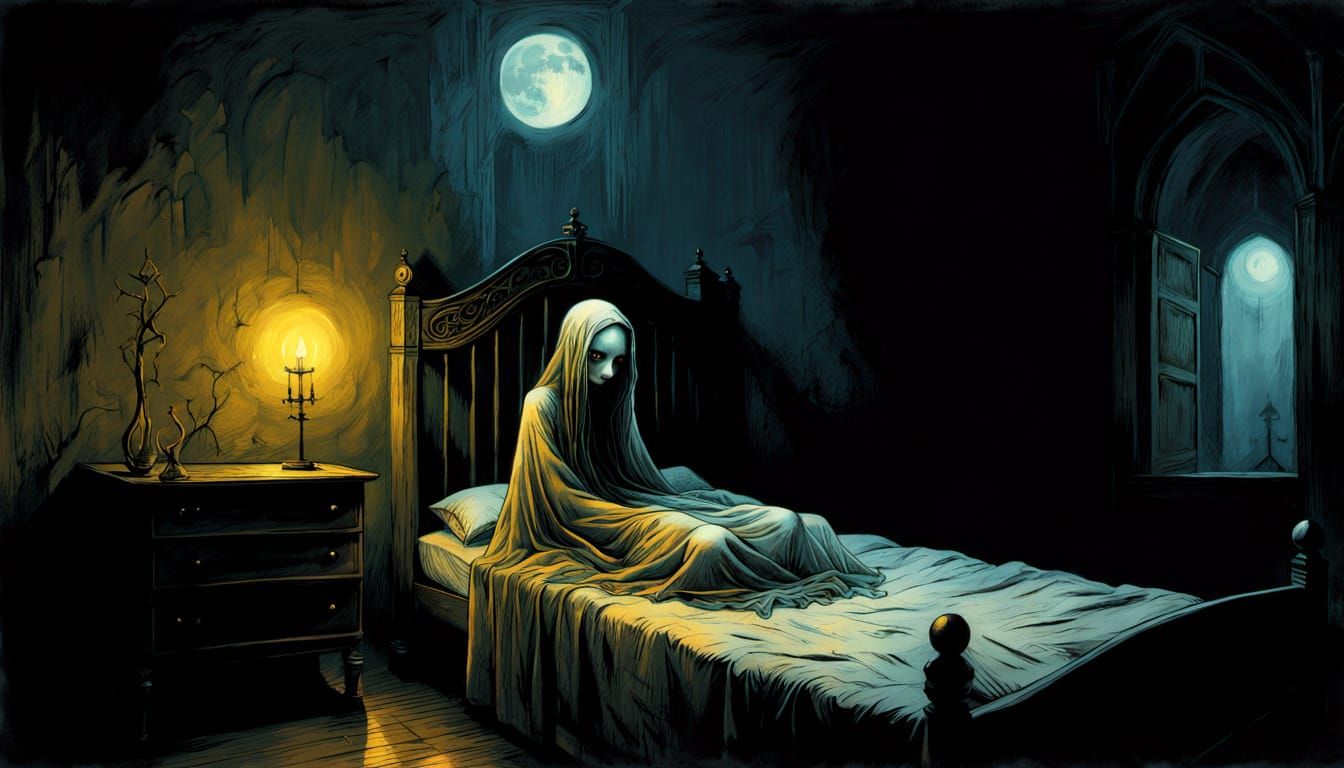 A child in fear, lying on a bed and covered by the bed sheet...