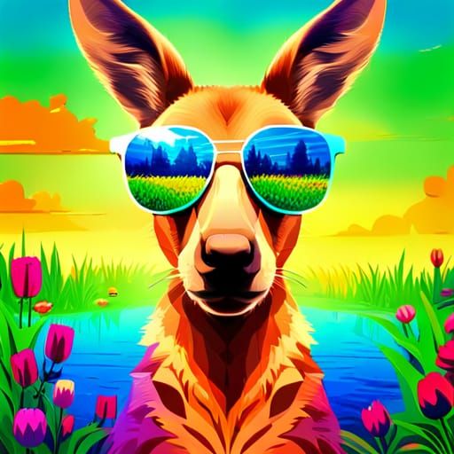Vibrant splash art. Medium shot. Kangaroo wearing sunglasses...