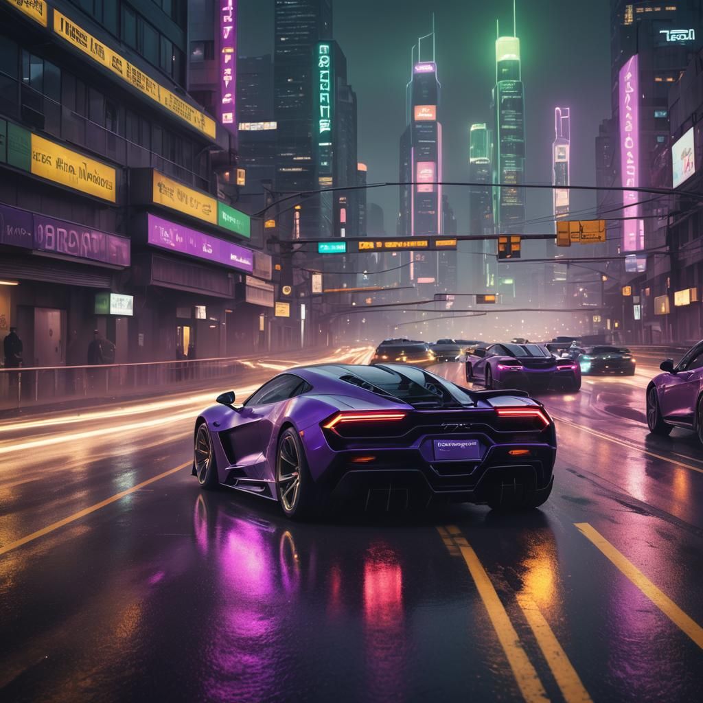Supercars Speeding Down Neon Highway: Matte Painting