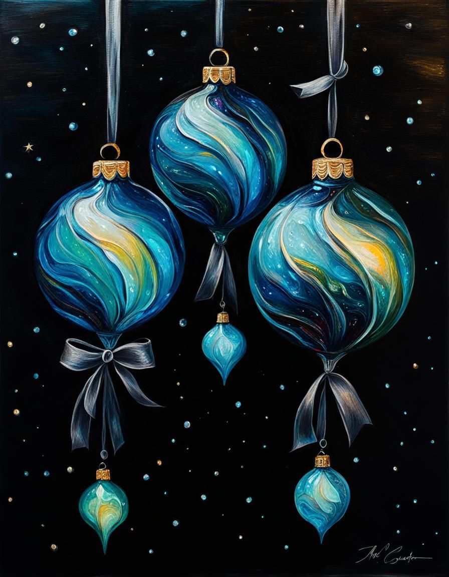 Bioluminescent Glass Ornaments in Expressionist Oil Painting...