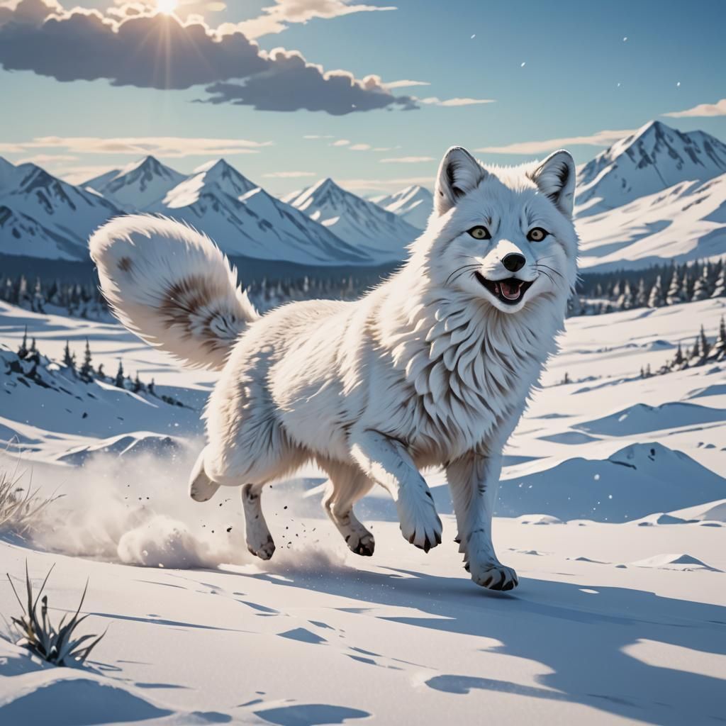 Arctic Fox in Snowy Plain: Anime Cel-Shaded Art