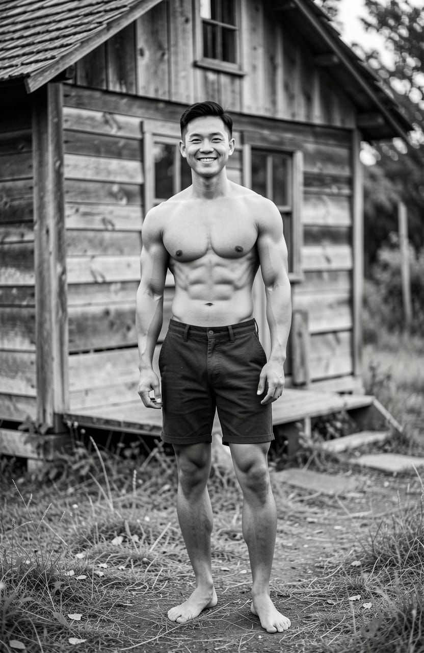 Photorealistic Portrait of a Fit Man by Rustic Cabin