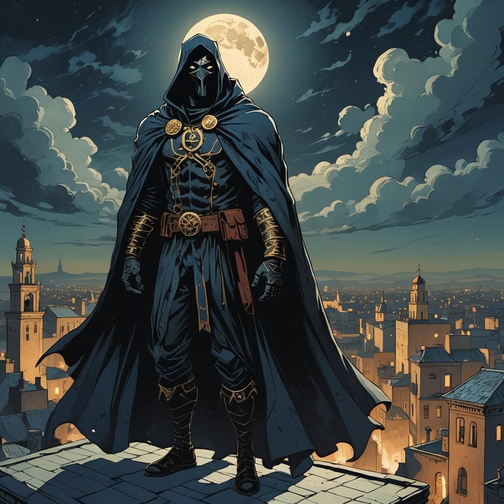 Tunisian Cape Hero on Rooftop in Mignola Style