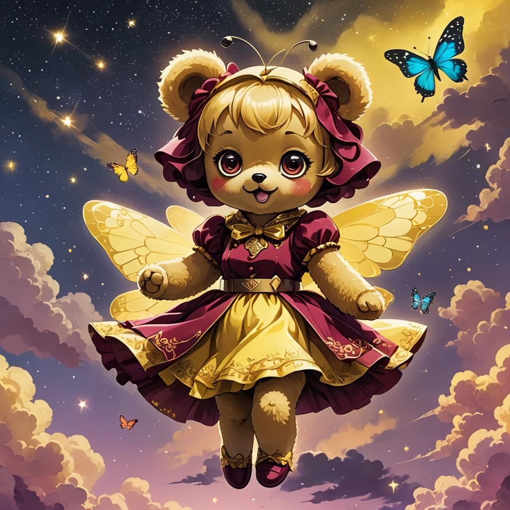 Anime Teddy Bear on Cloud with Butterfly