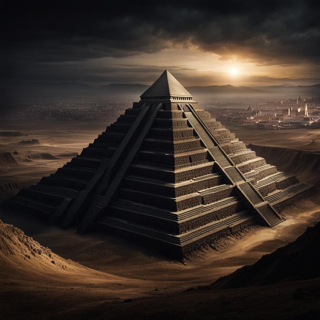 Subterranean Medieval City with Distant Pyramid