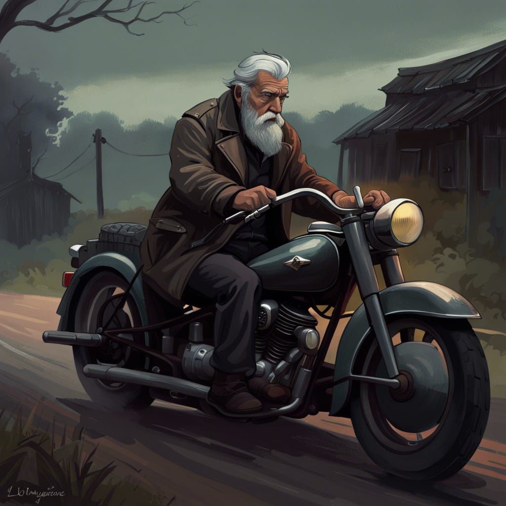 Gloomy Old Man on Motorcycle: Melancholic Countryside