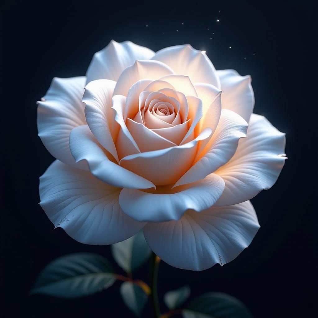 A pencil drawing of a single, pristine white rose blooming in absolute darkness, its petals appearing to shimmer with a ...