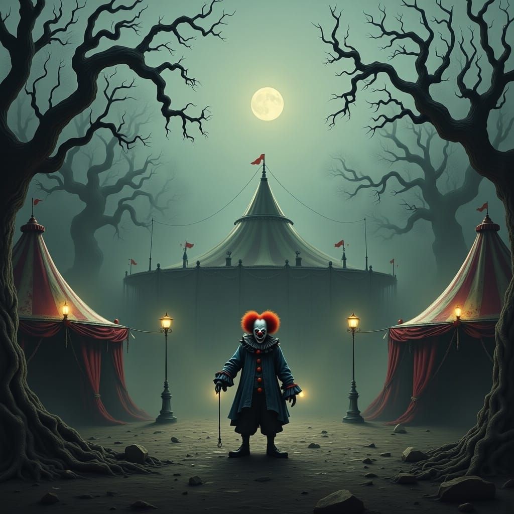 Menacing Clown in Abandoned Circus, Gothic Style