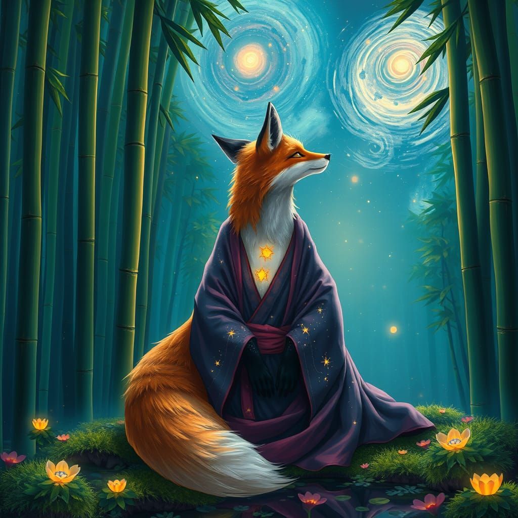 Celestial Fox Spirit in Bamboo Forest