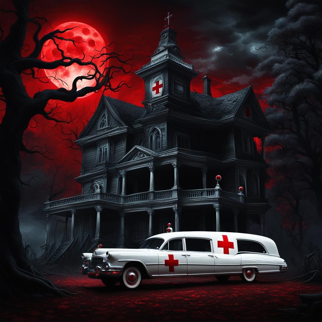 Eerie Hearse Parked at Haunted House in Dark Fantasy
