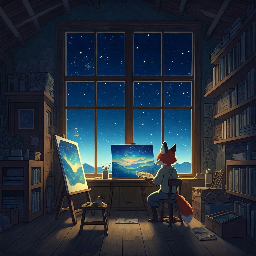 Fox Artist Paints Starry Sky in Cozy Studio