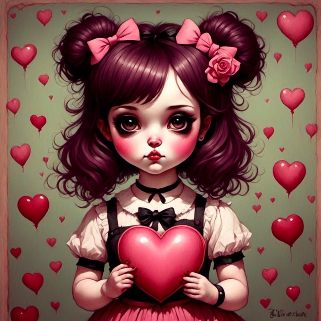 Panda Girl Holding Heart in Lowbrow Art Style