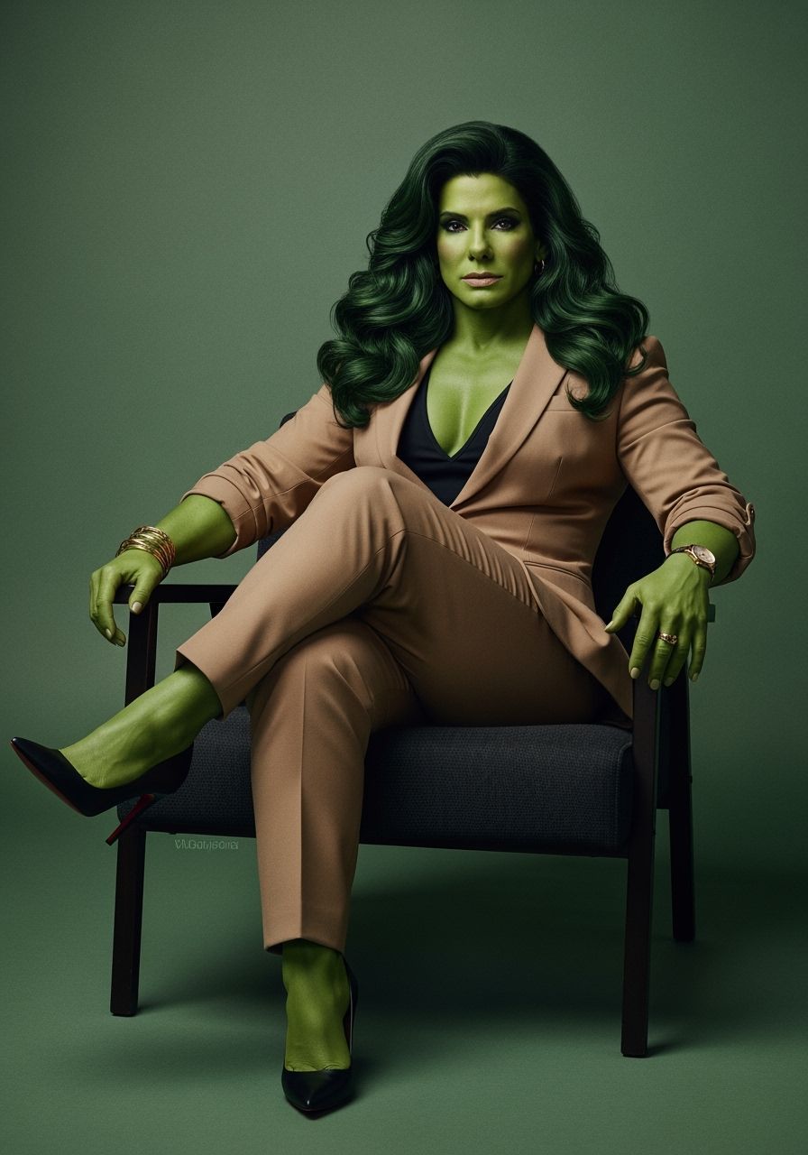 Powerful She-Hulk in Stylish Pantsuit: Cinematic Film Still