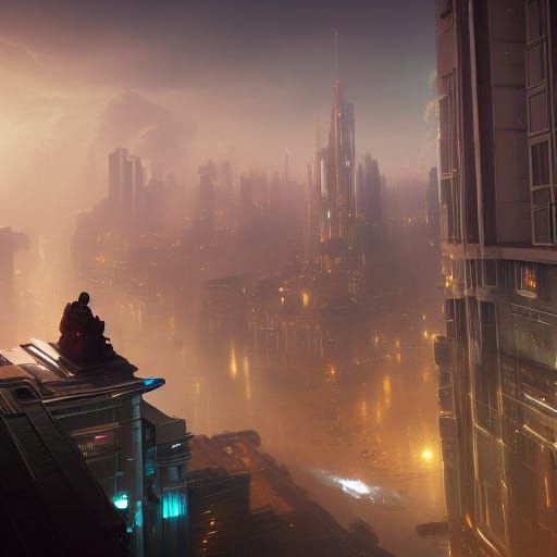 Sci-Fi Cityscape with Rooftop Figure in 8K