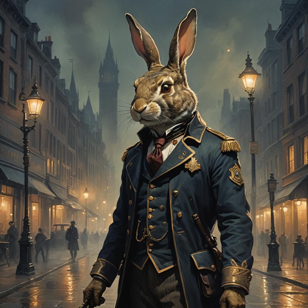 Rabbit Constable in Gaslit Street: Victorian Concept Art
