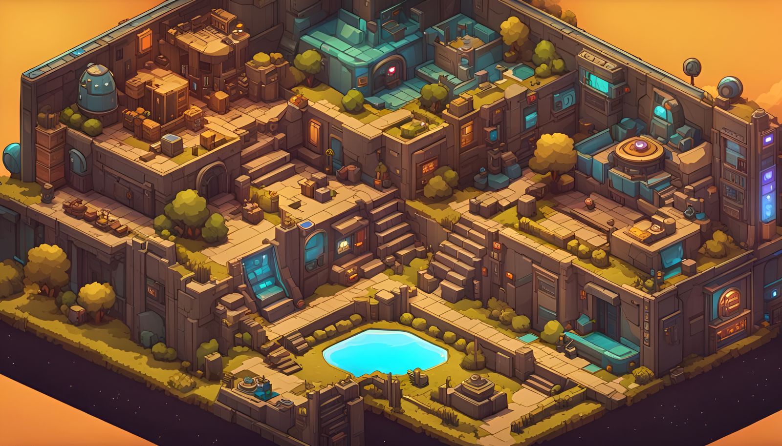 Groovy Solarpunk Cartoon Battlemap in Vector Art Deco Style