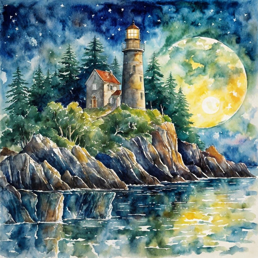 Lighthouse on Rocky Island in Watercolor Painting