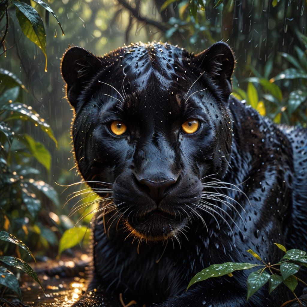 Black Panther Portrait in Rainy Forest, Oil Painting