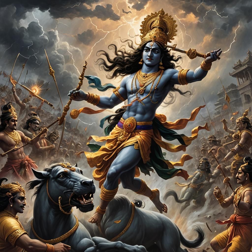 Krishna's Divine Intervention on a Battlefield