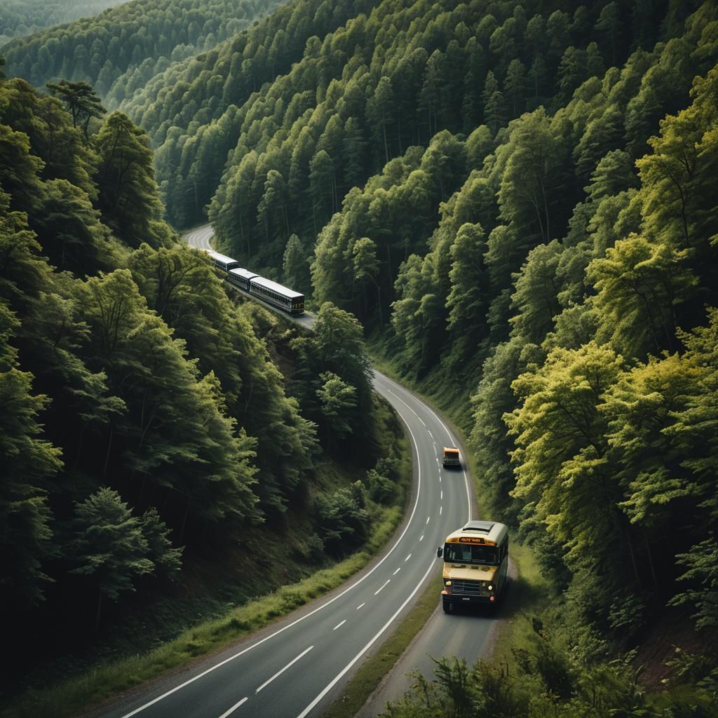 Scenic Road Through Forest Hill with Bus