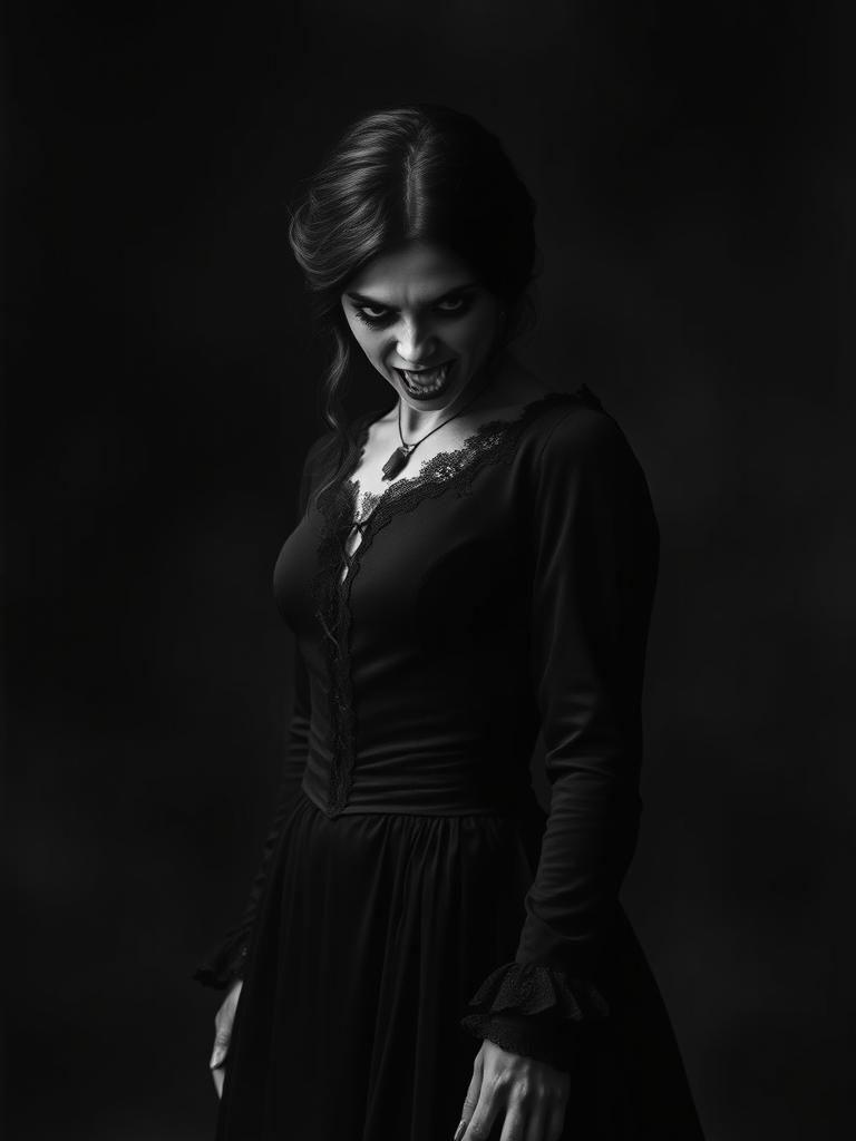 Victorian Vampire Woman in Dark Romantic Black and White