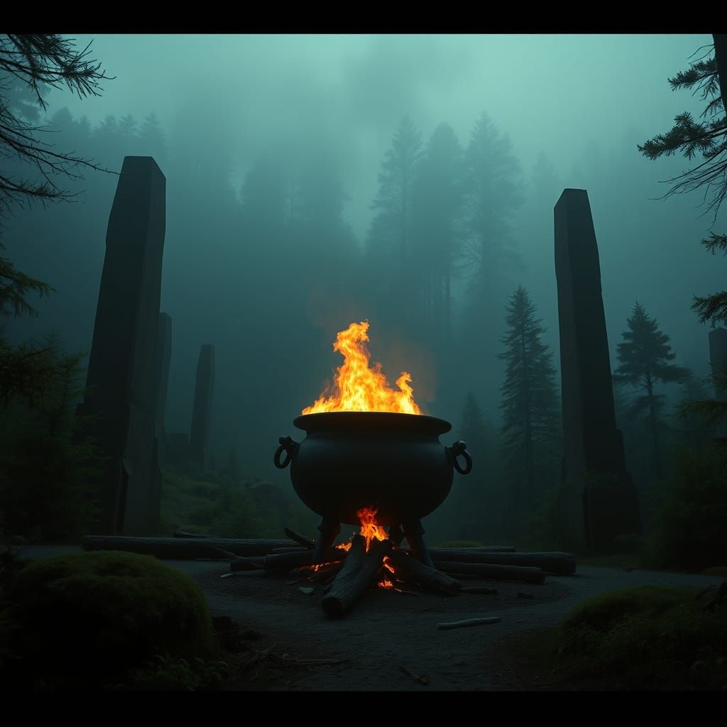 Mystical Cauldron in Dark Forest Clearing