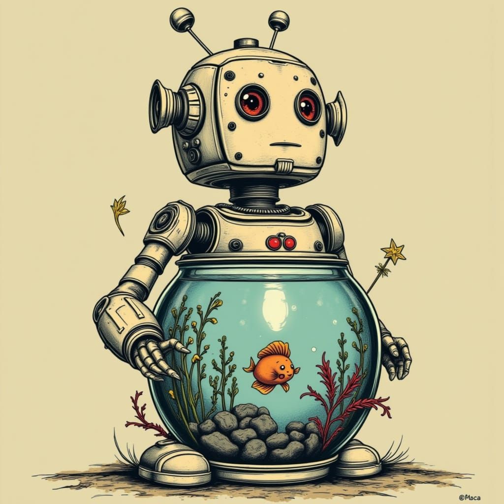 Cute Robot Holding Fishbowl