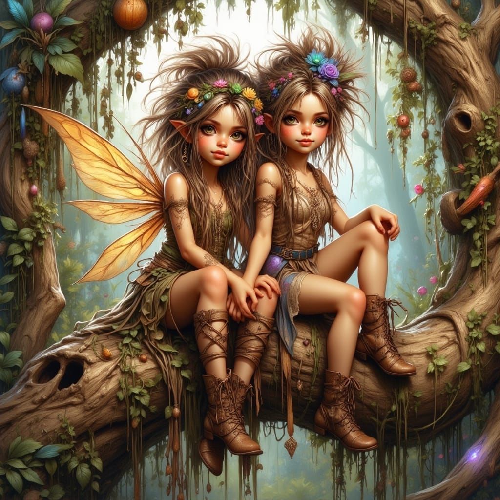Fairy and Girl on Treestrunk, Hyperdetailed Airbrush Art
