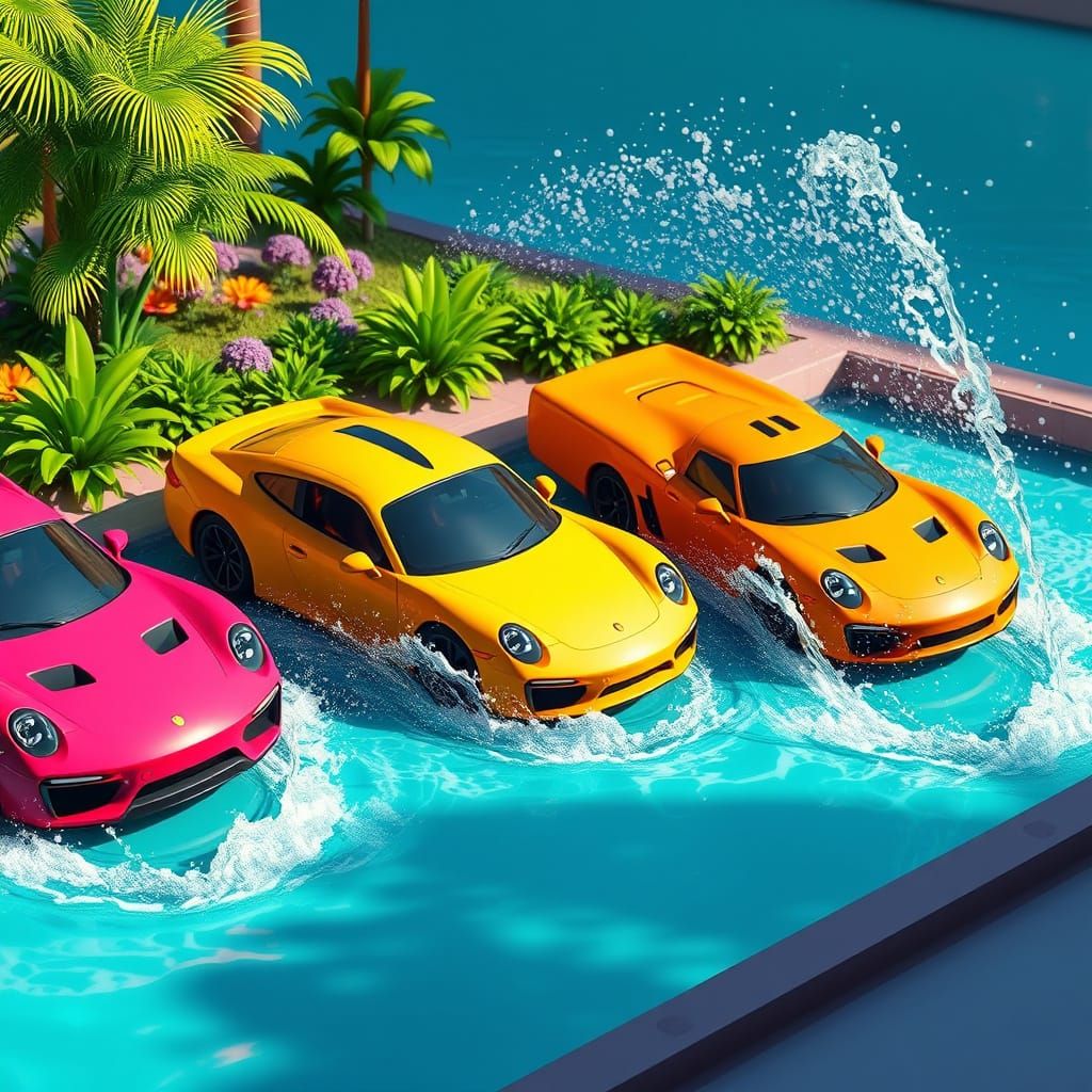 Whimsical Cars in a Fantastical Digital Landscape