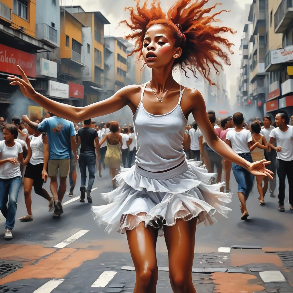 Girl Dancing in Rainy São Paulo, Impressionistic Style