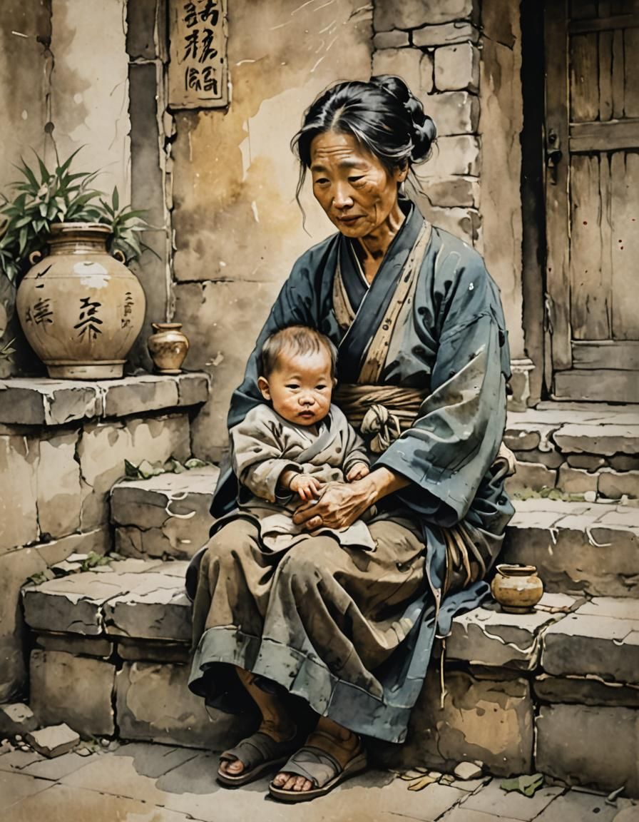 Ancient China Mother and Baby in Watercolor