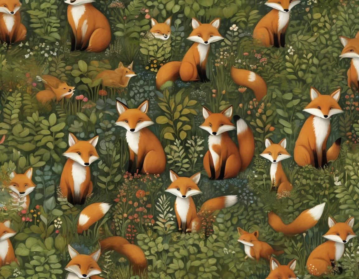 Fox Family at Blackberry Hedge, Illustrated Style