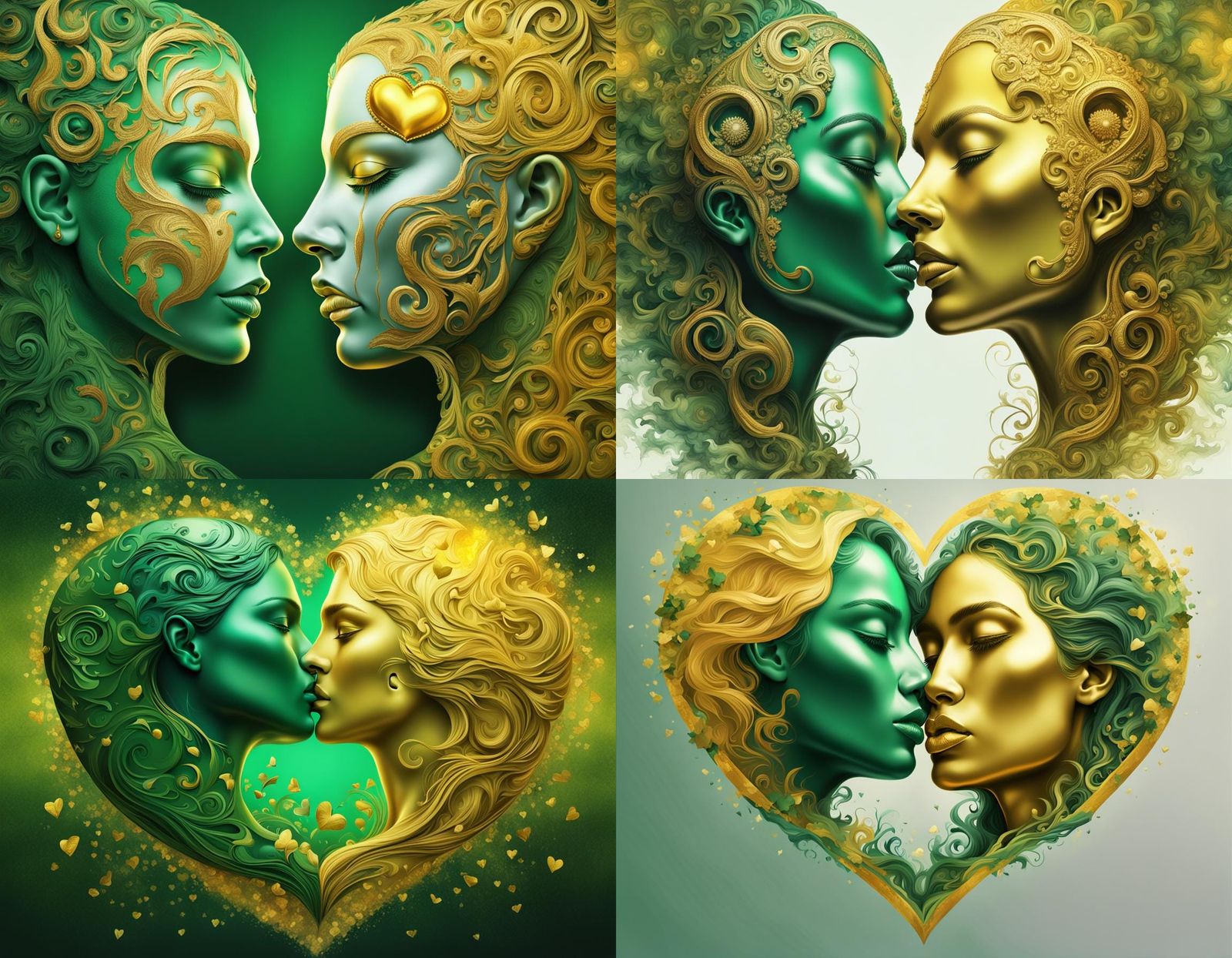 Green and Gold Heart Kiss: Detailed Digital Painting