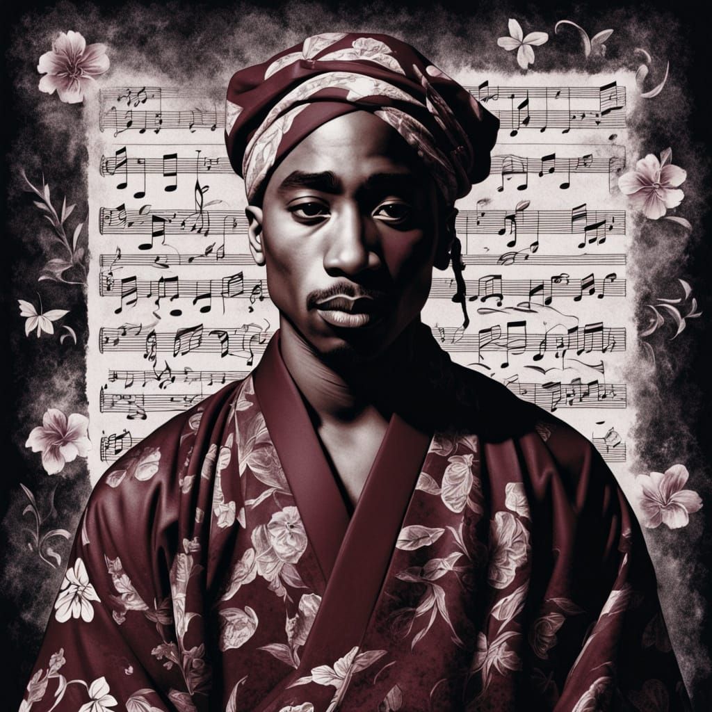 Tupac Shakur in Kimono: Hyperrealistic Charcoal Portrait