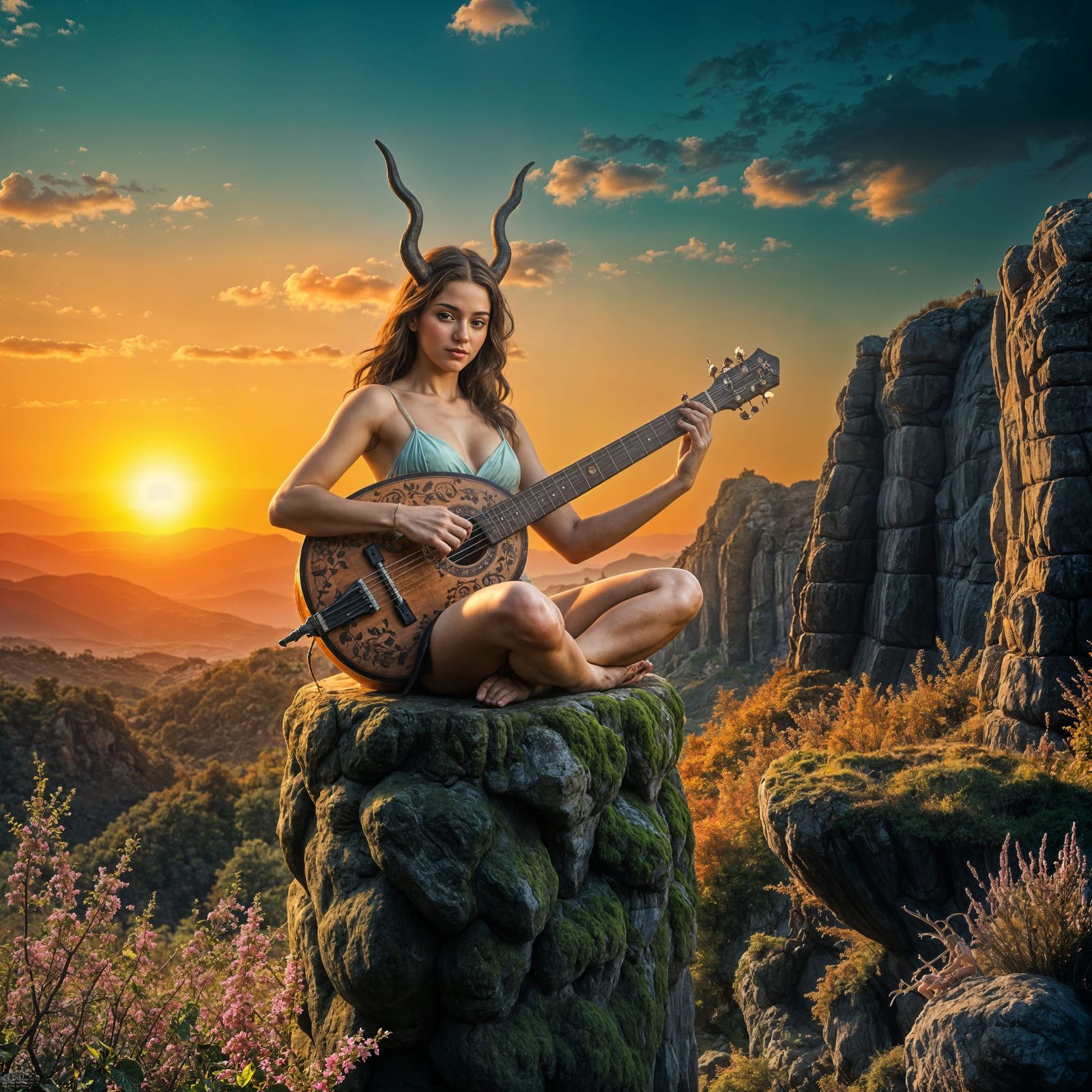 Hyperrealistic Faun Woman Plays Lute on Ancient Pillar