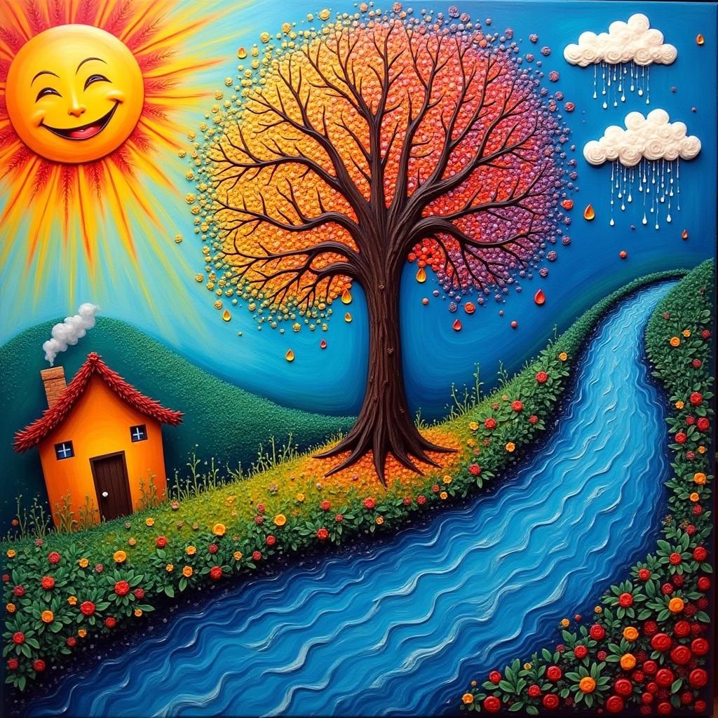 Abstract Landscape Painting with Sun, Tree, and River