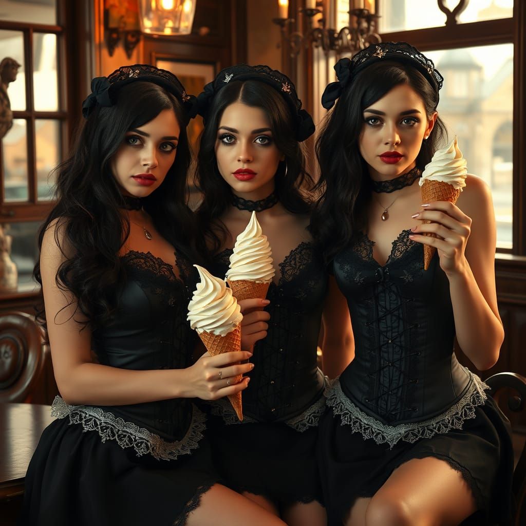 Enchanting Goth French Maids Enjoy Soft Serve Ice Cream in a...